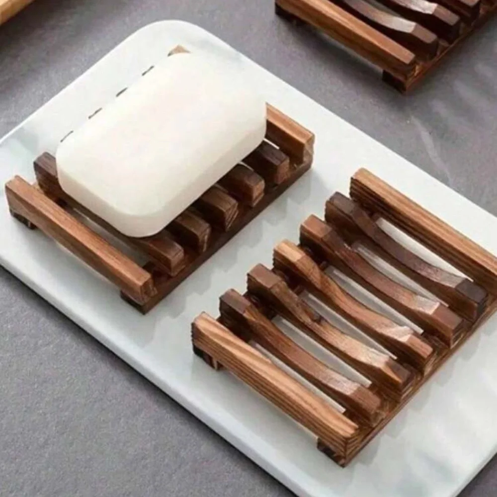 Set of 2 Wooden Bar Soap Dish Shower Holder Self Draining Design Bamboo Eco Love